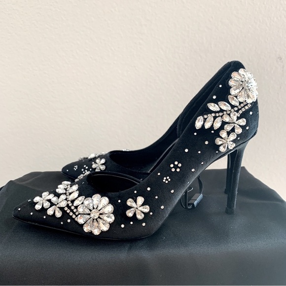 EXPRESS Black Velvet Rhinestone Embellished Stiletto Heels - Picture 3 of 12